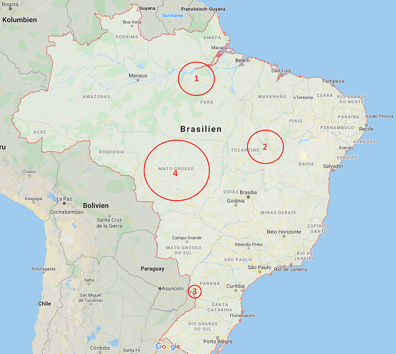 Four study sites on a map of Brazil